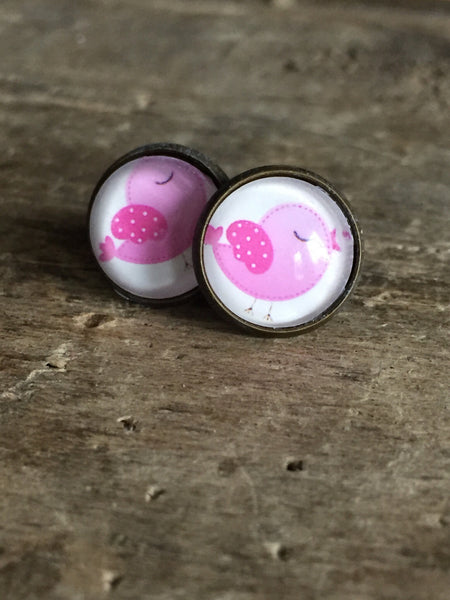 Boucles d’oreilles oiseau rose earrings pink bird stud Comme un ange