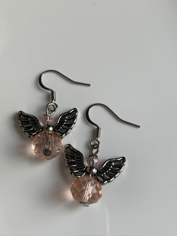 Boucles d’oreilles ange argent et bille de résine rose