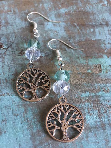 Boucles d’oreilles arbre de vie argent et billes verre aqua turquoise Bijoux Arbre de Vie - Symboles de Protection et d'Harmonie Comme un ange