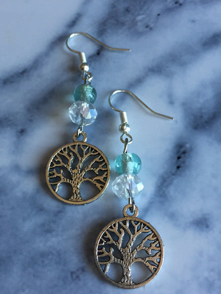 Boucles d’oreilles arbre de vie argent et billes verre aqua turquoise Bijoux Arbre de Vie - Symboles de Protection et d'Harmonie Comme un ange