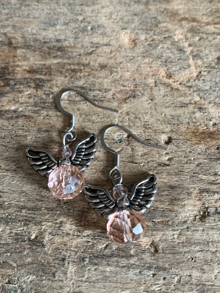 Boucles d’oreilles ange argent et bille de résine rose Comme un ange