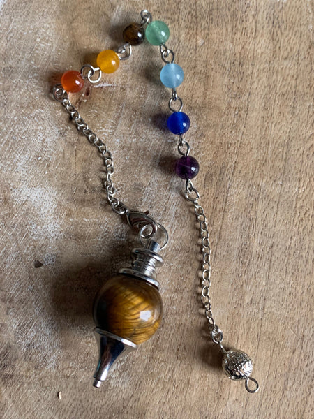 Pendule pierre brune et chaîne argent avec billes de résine arc-en-ciel chackras pendulum mystique Comme un ange