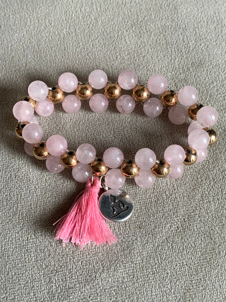 Bracelet billes de verre rose et or avec breloque argent bouddha Comme un ange