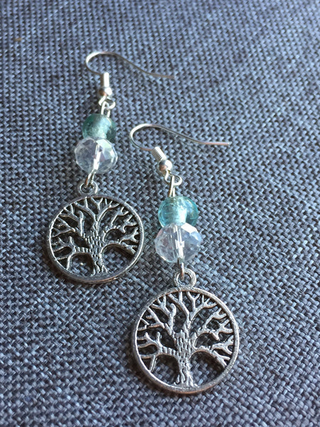 Boucles d’oreilles arbre de vie argent et billes verre aqua turquoise Bijoux Arbre de Vie - Symboles de Protection et d'Harmonie Comme un ange