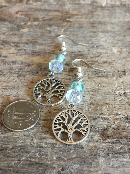 Boucles d’oreilles arbre de vie argent et billes verre aqua turquoise Bijoux Arbre de Vie - Symboles de Protection et d'Harmonie Comme un ange