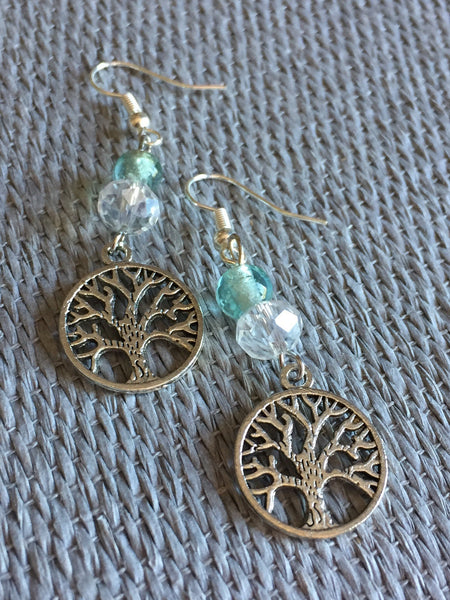 Boucles d’oreilles arbre de vie argent et billes verre aqua turquoise Bijoux Arbre de Vie - Symboles de Protection et d'Harmonie Comme un ange