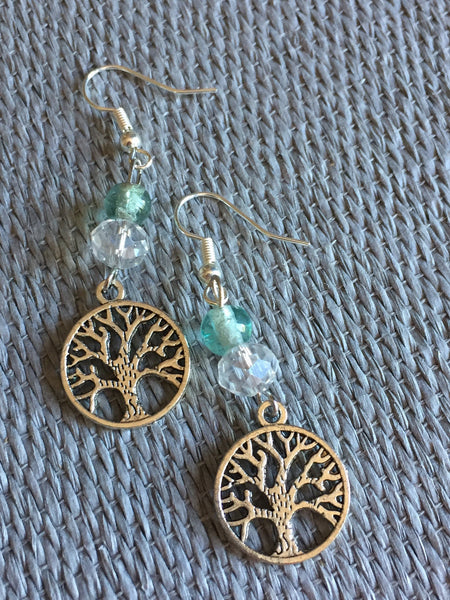 Boucles d’oreilles arbre de vie argent et billes verre aqua turquoise Bijoux Arbre de Vie - Symboles de Protection et d'Harmonie Comme un ange