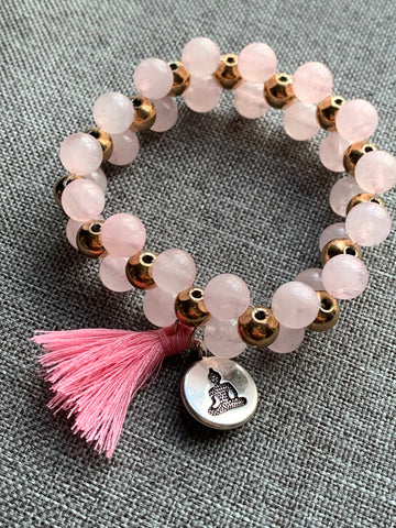 Bracelet billes de verre rose et or avec breloque argent bouddha Comme un ange