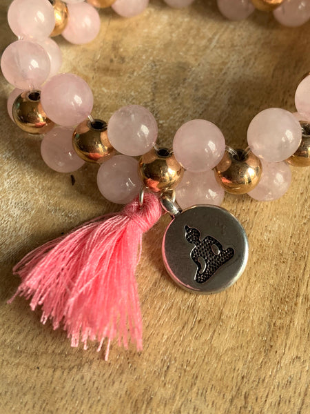 Bracelet billes de verre rose et or avec breloque argent bouddha Comme un ange