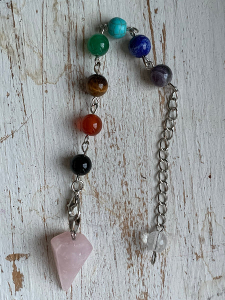 pierre de quartz rose et alliage de métaux argent billes de verre chackras arc-en-ciel pendulum mystique Comme un ange