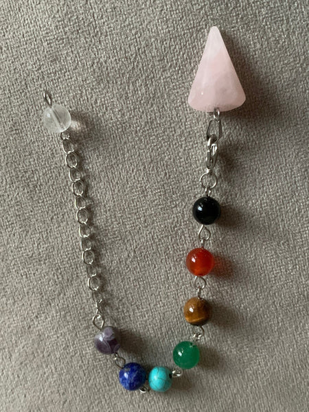 pierre de quartz rose et alliage de métaux argent billes de verre chackras arc-en-ciel pendulum mystique Comme un ange