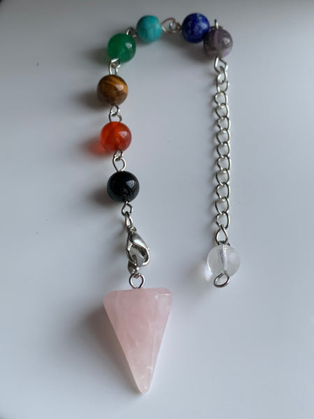 pierre de quartz rose et alliage de métaux argent billes de verre chackras arc-en-ciel pendulum mystique Comme un ange