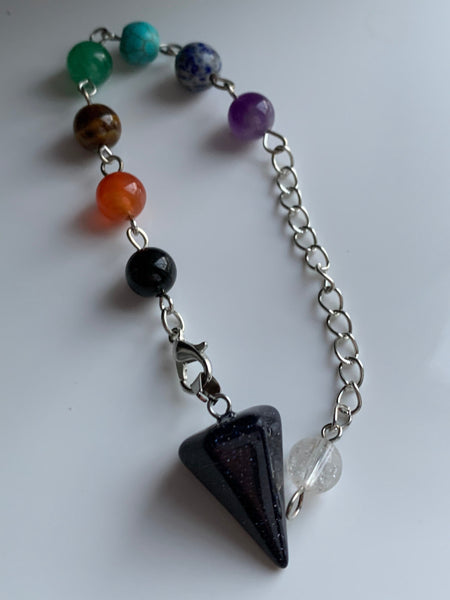 pierre noire brillante sur chaîne argent et billes de verre chackras arc-en-ciel pendulum mystique Comme un ange