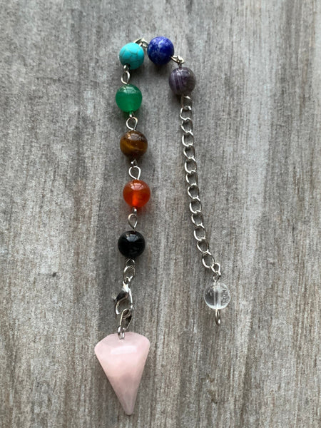 pierre de quartz rose et alliage de métaux argent billes de verre chackras arc-en-ciel pendulum mystique Comme un ange