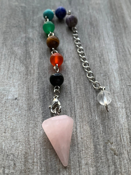 pierre de quartz rose et alliage de métaux argent billes de verre chackras arc-en-ciel pendulum mystique Comme un ange