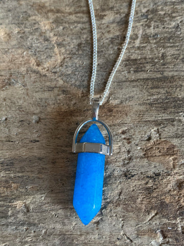 Collier alliage de métaux argent et pierre bleue pendule pendulum mystique
