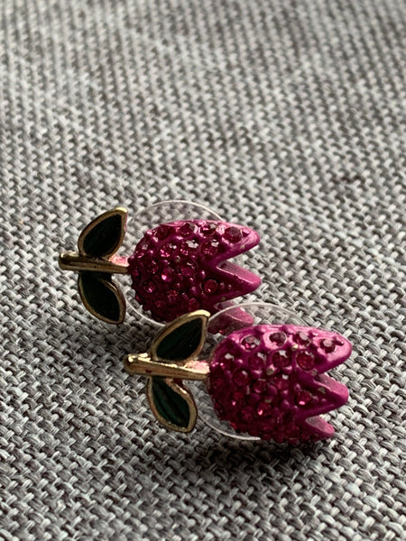 Boucles d’oreilles fleurs tulipes roses et vertes et alliage de métaux or