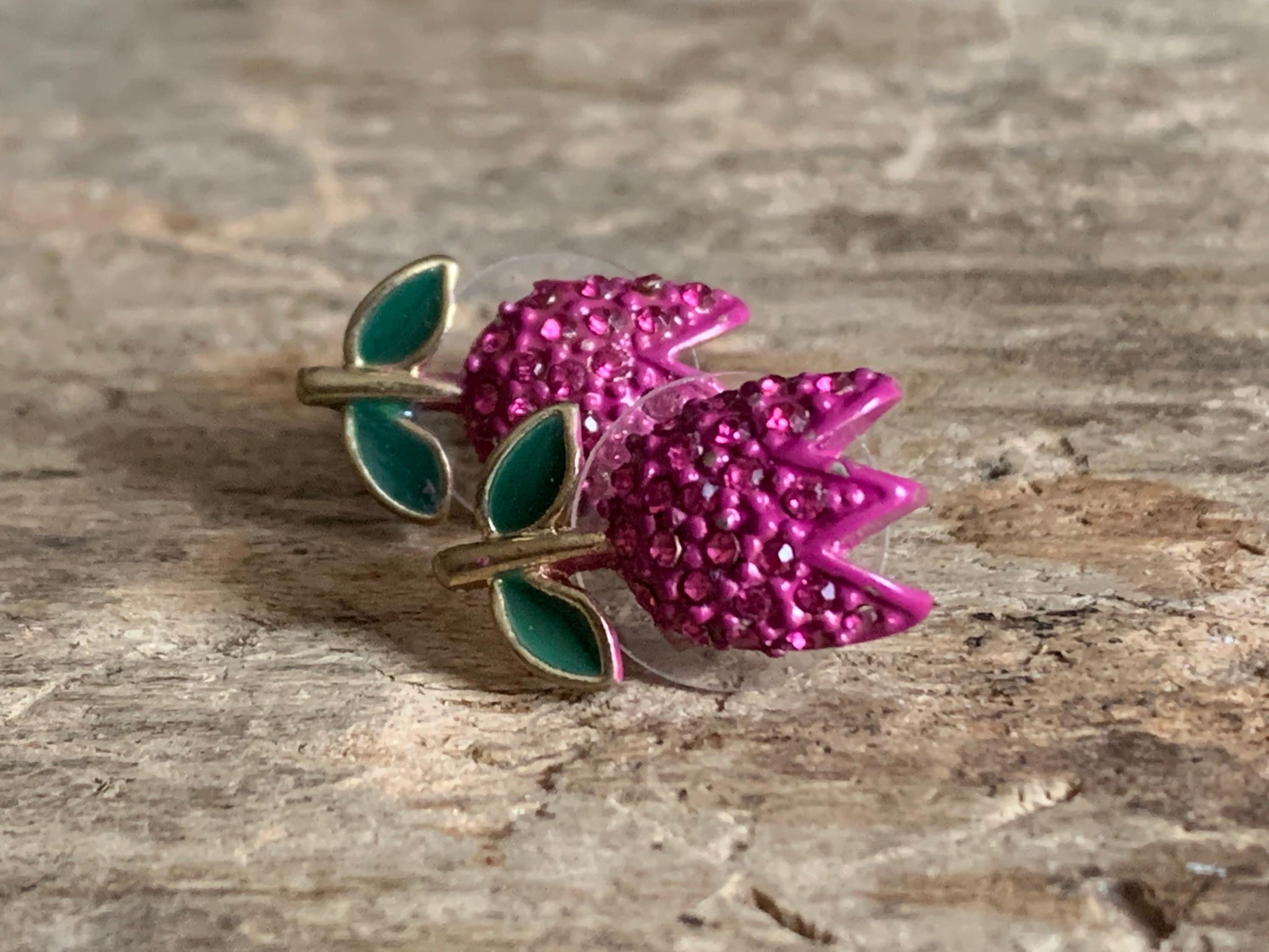 Boucles d’oreilles fleurs tulipes roses et vertes et alliage de métaux or Comme un ange