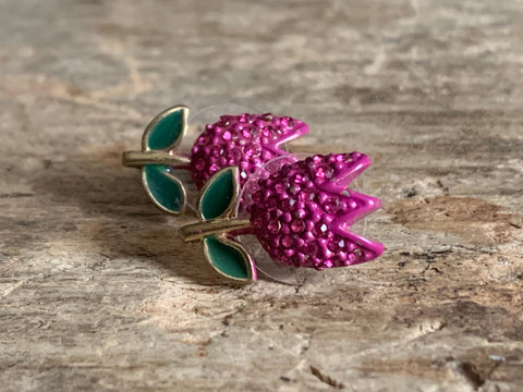 Boucles d’oreilles fleurs tulipes roses et vertes et alliage de métaux or Comme un ange