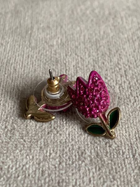 Boucles d’oreilles fleurs tulipes roses et vertes et alliage de métaux or Comme un ange