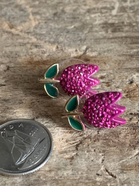 Boucles d’oreilles fleurs tulipes roses et vertes et alliage de métaux or Comme un ange