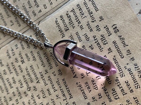 Collier breloque alliage de métaux argent pierre rose transparente pendule pendulum mystique Comme un ange