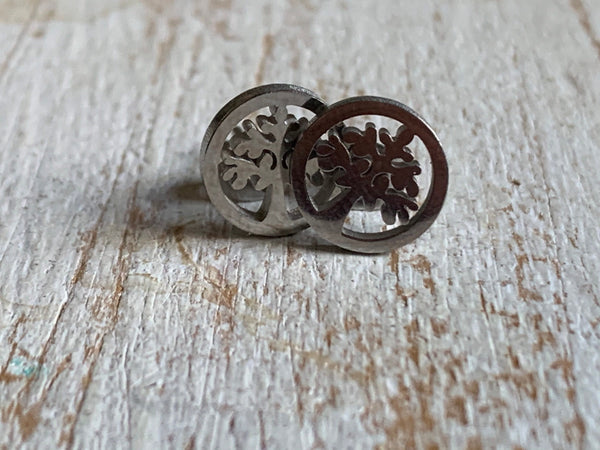 Boucles d’oreilles cabochon en stainless arbre de vie argent Comme un ange