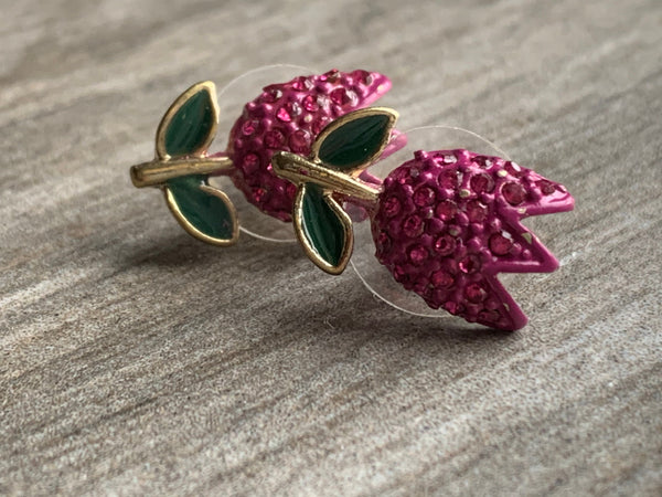 Boucles d’oreilles fleurs tulipes roses et vertes et alliage de métaux or Comme un ange