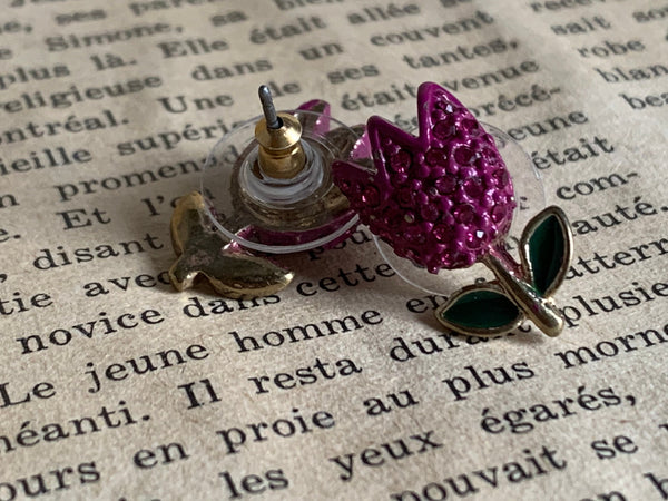 Boucles d’oreilles fleurs tulipes roses et vertes et alliage de métaux or Comme un ange