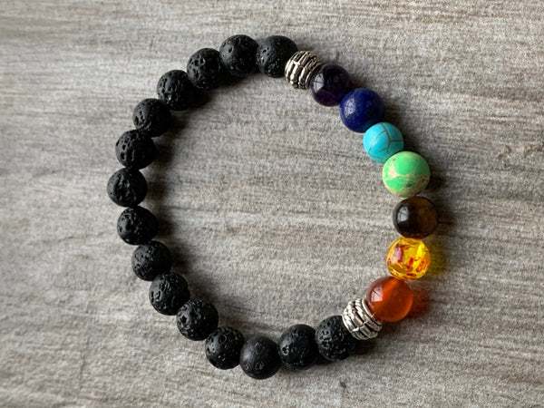 Bracelet élastique billes de verre arc-en-ciel chakras billes multicolore  pierre de lave bijoux diffuseur Comme un ange