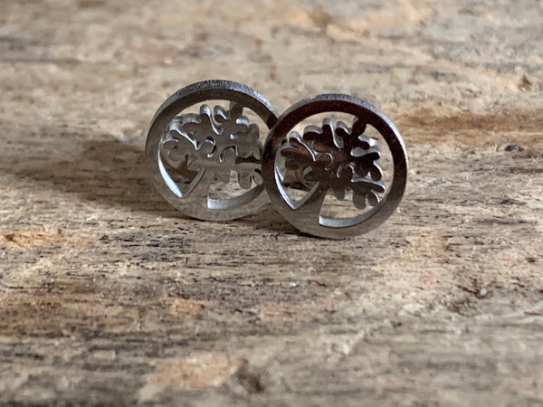 Boucles d’oreilles cabochon en stainless arbre de vie argent Comme un ange