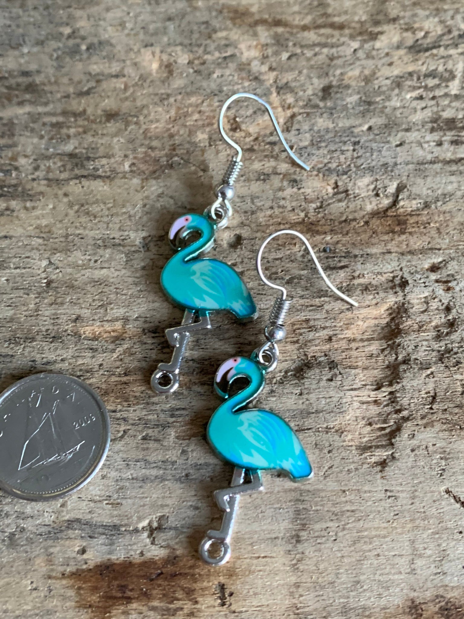 Boucles d’oreilles breloque flamant rose turquoise et argent Comme un ange