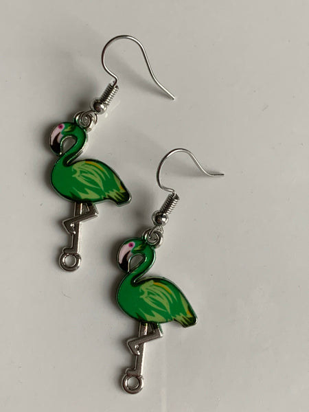 Boucles d’oreilles breloque flamant rose vert alliage de métaux argent Comme un ange
