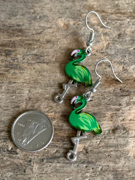 Boucles d’oreilles breloque flamant rose vert alliage de métaux argent Comme un ange