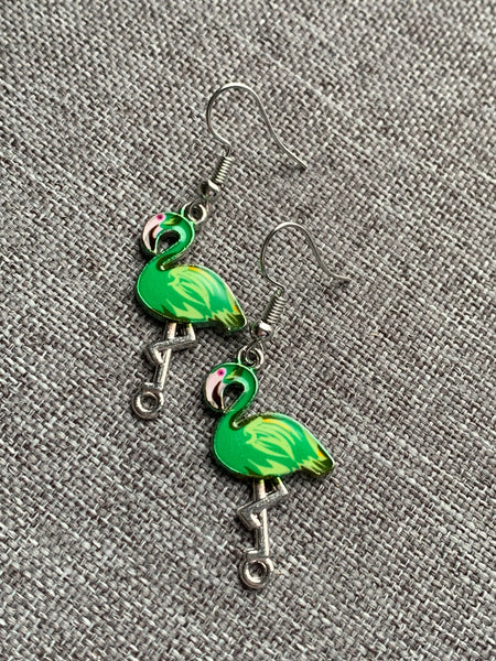 Boucles d’oreilles breloque flamant rose vert alliage de métaux argent Comme un ange
