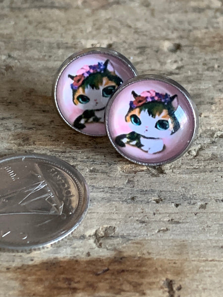 Boucles d’oreilles cabochon de verre alliage de métaux argent chaton noir sur fond rose Comme un ange