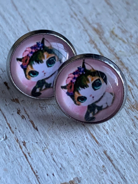 Boucles d’oreilles cabochon de verre alliage de métaux argent chaton noir sur fond rose Comme un ange