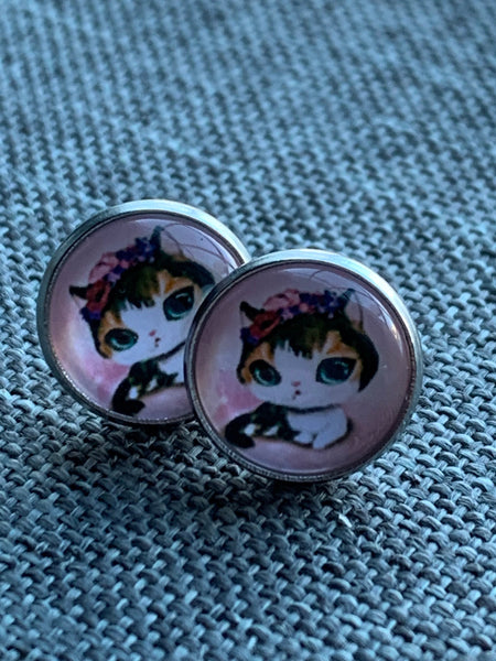 Boucles d’oreilles cabochon de verre alliage de métaux argent chaton noir sur fond rose Comme un ange