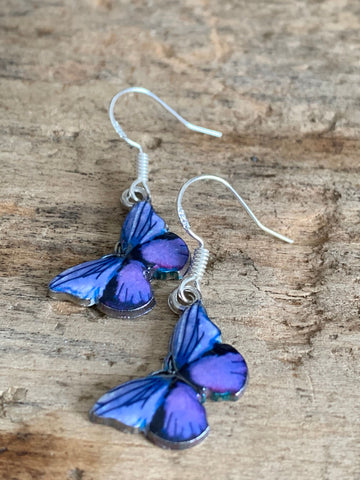 Boucles d’oreilles breloque papillon bleu et mauve sur crochet argent Comme un ange