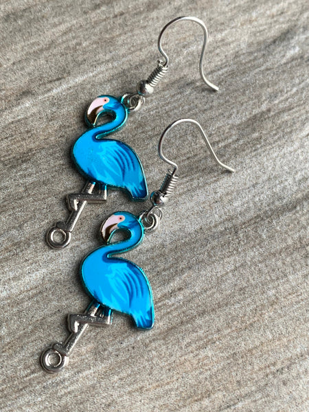 Boucles d’oreilles breloque flamant rose bleu Comme un ange
