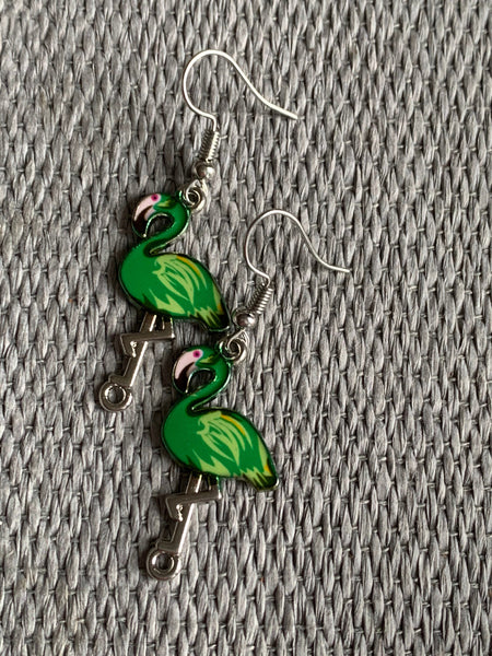 Boucles d’oreilles breloque flamant rose vert alliage de métaux argent Comme un ange