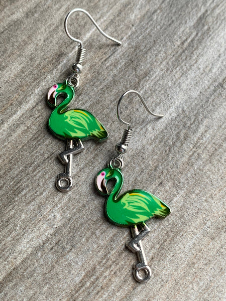 Boucles d’oreilles breloque flamant rose vert alliage de métaux argent Comme un ange