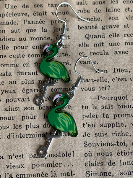 Boucles d’oreilles breloque flamant rose vert alliage de métaux argent Comme un ange
