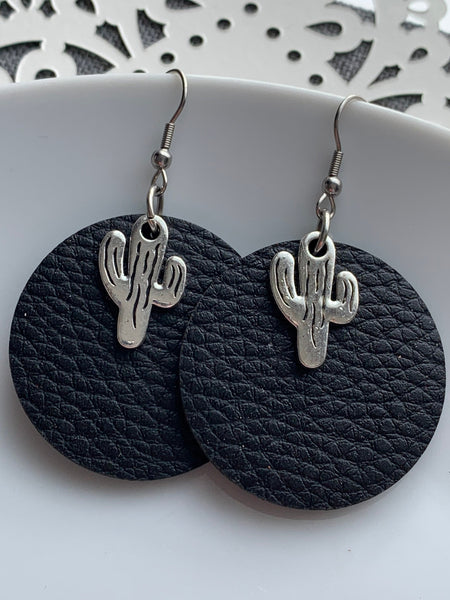 Boucles d’oreilles breloque cactus et médaillon de cuir noir alliage de métaux argent Comme un ange