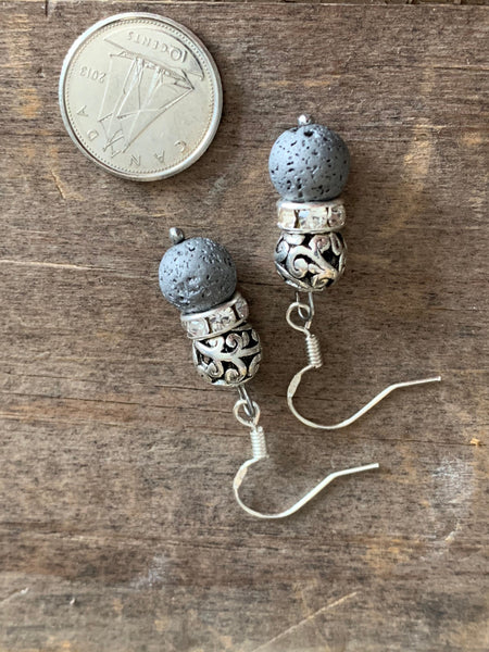 Boucles d’oreilles billes de pierre de lave grises et billes argent bijoux diffuseur aromathérapie stress relief Comme un ange