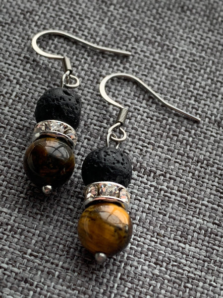 Boucles d’oreilles pierre de lave bijoux diffuseur aromathérapie et billes d’œil de tigre Comme un ange