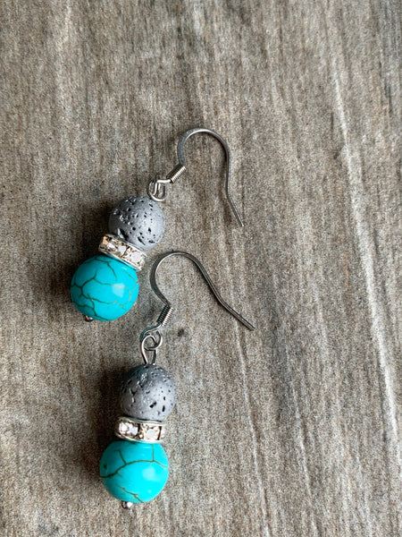Boucles d’oreilles pierre de lave bijoux diffuseur aromathérapie et billes turquoise Comme un ange