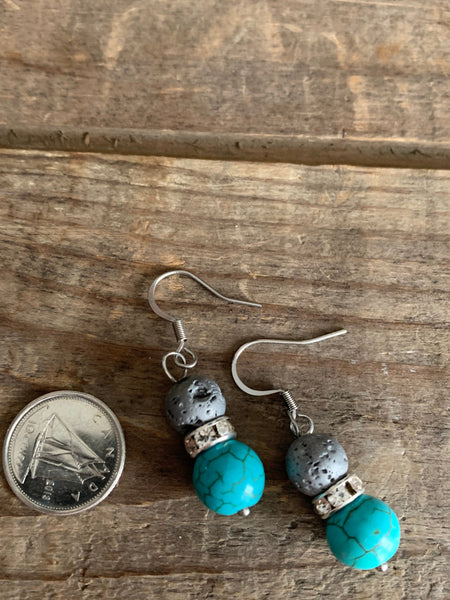 Boucles d’oreilles pierre de lave bijoux diffuseur aromathérapie et billes turquoise Comme un ange