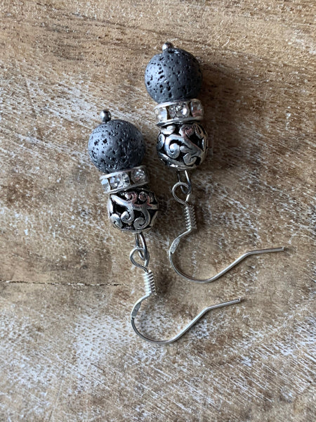 Boucles d’oreilles billes de pierre de lave grises et billes argent bijoux diffuseur aromathérapie stress relief Comme un ange