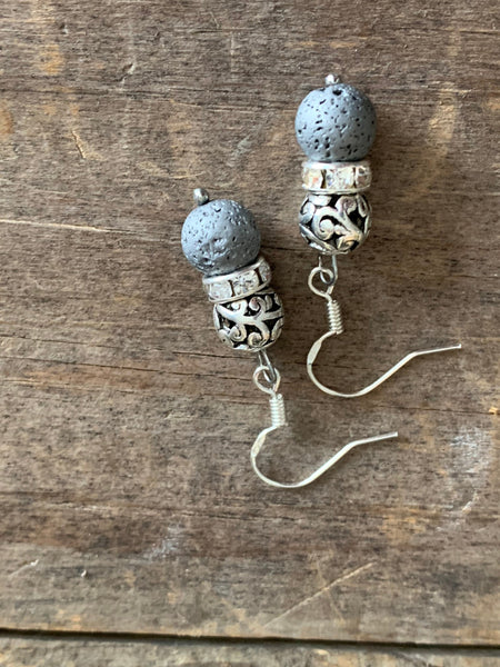 Boucles d’oreilles billes de pierre de lave grises et billes argent bijoux diffuseur aromathérapie stress relief Comme un ange